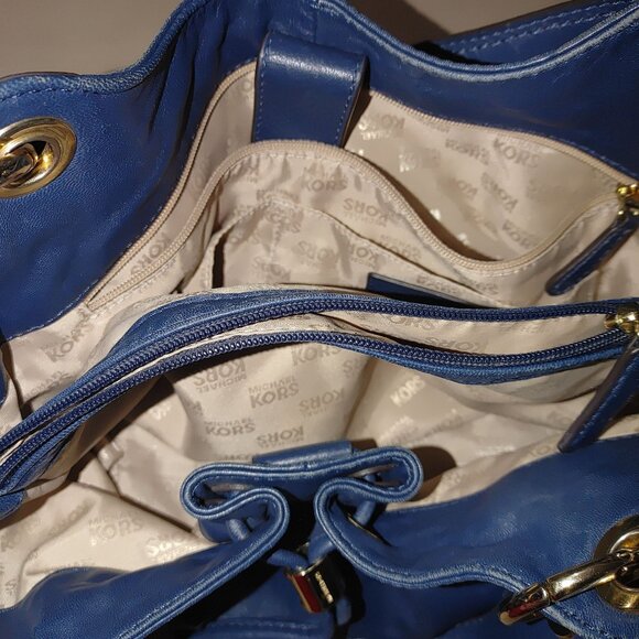 Michael Kors Ludlow Handbag Blue Soft Leather Tote Purse Gold Drawstring Details - Picture 2 of 14